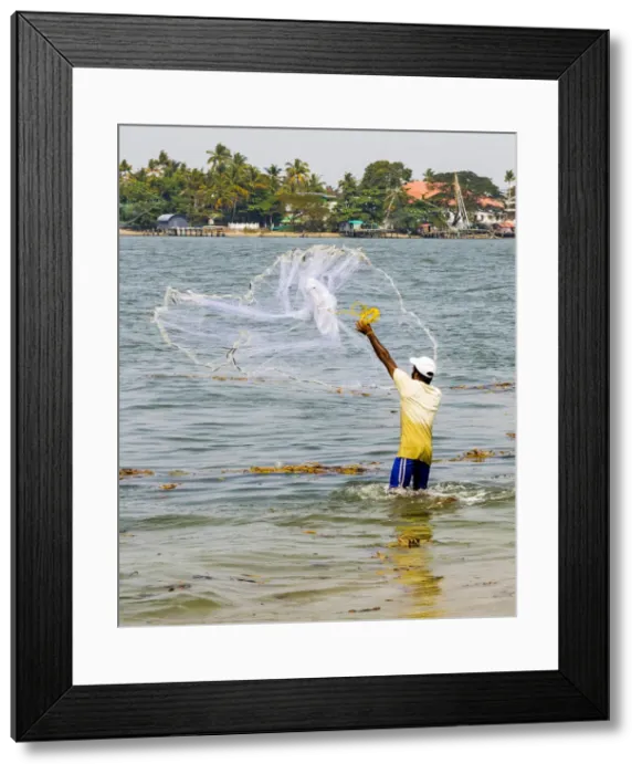 Framed Print : A fisherman casting his net at Fort Kochi in Kerala, India