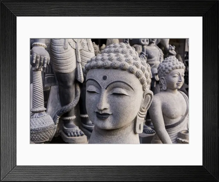 Framed Print : Granite stone carvings outside a shop at Mamallapuram in Tamil Nadu, India