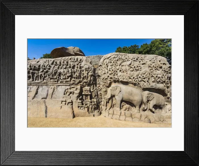 Framed Print : A bas relief carving in granite at Mamallapuram in Tamil Nadu, India Framed Print : A bas relief carving in granite at Mamallapuram in Tamil Nadu, India