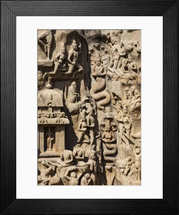Framed Print : A bas relief carving in granite at Mamallapuram in Tamil Nadu, India Framed Print : A bas relief carving in granite at Mamallapuram in Tamil Nadu, India