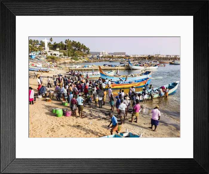 Framed Print : The beach at Vizhinjam near Kovalam where the fishing boats land their catches. This is in Kerala, India