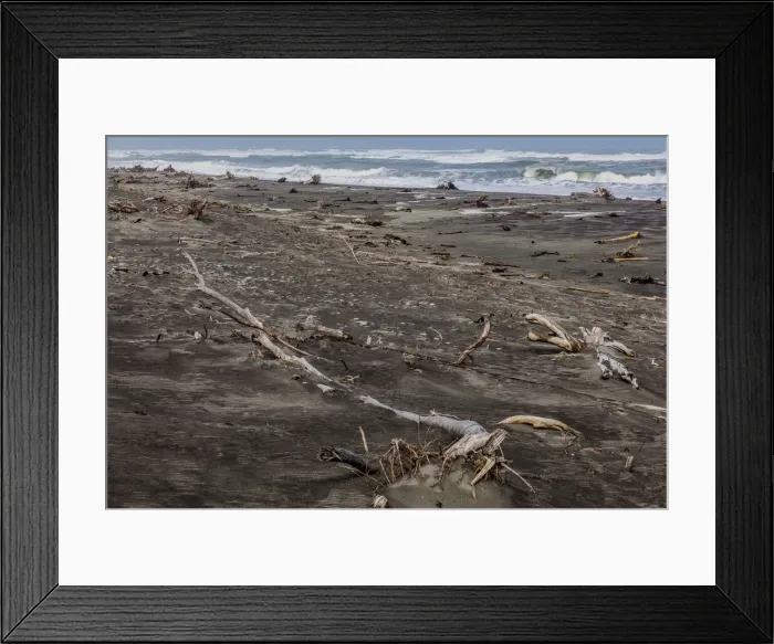 Framed Print : Logs washed up on the beach at Hokitika in West Coast, New Zealand