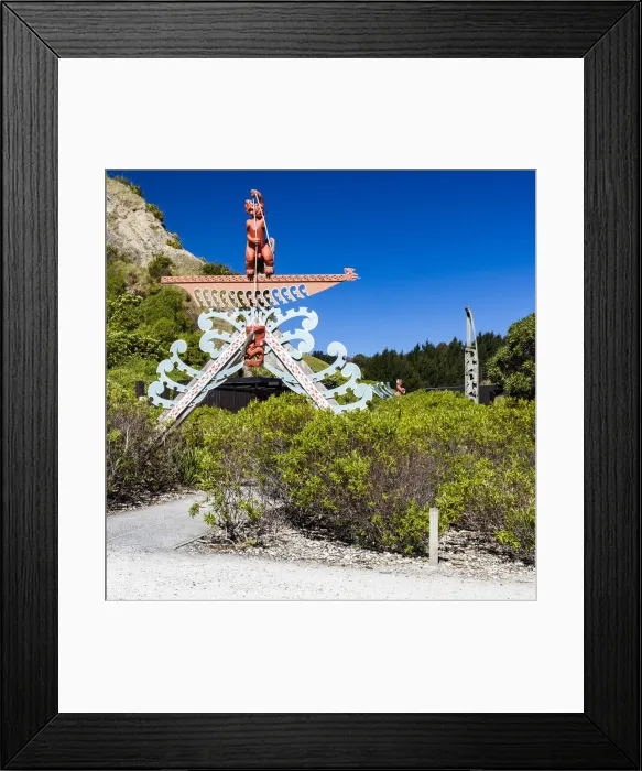 Framed Print : A Maori wooden carving at Kaikoura in Canterbury, New Zealand