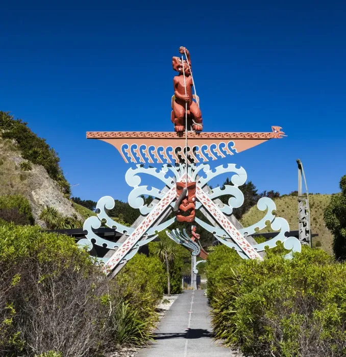 Framed Print : A Maori wooden carving at Kaikoura in Canterbury, New Zealand