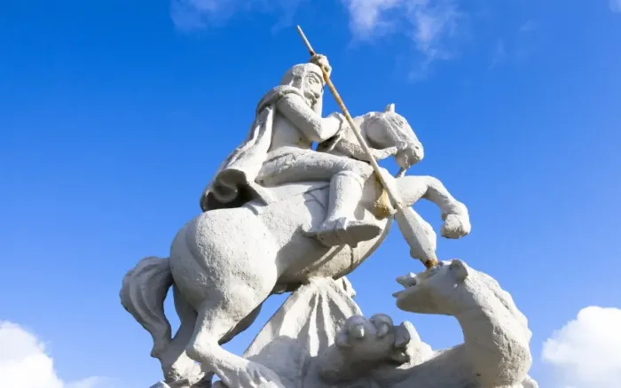 Framed Print : A statue of St George at the Italian Chapel, Orkney, Scotland