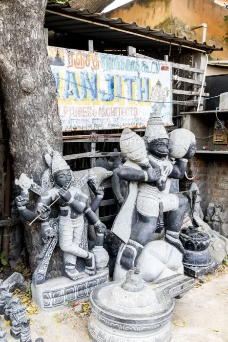 Framed Print : A stone carving shop at Mamallapuram in Tamil Nadu, India