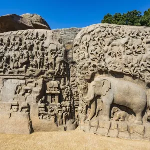 A bas relief carving in granite at Mamallapuram in Tamil Nadu, India