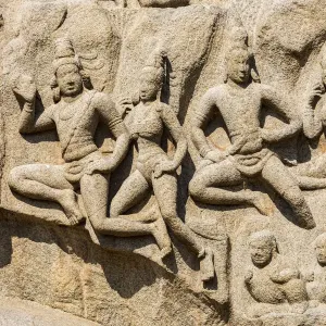 A bas relief carving in granite at Mamallapuram in Tamil Nadu, India