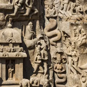 A bas relief carving in granite at Mamallapuram in Tamil Nadu, India