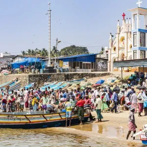 The beach at Vizhinjam near Kovalam where the fishing boats land their catches. This is in Kerala, India