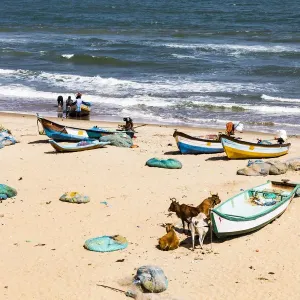 Fishing boats on the beach at Mamallapuram in Tamil Nadu, India