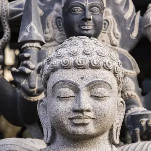 Granite stone carvings outside a shop at Mamallapuram in Tamil Nadu, India