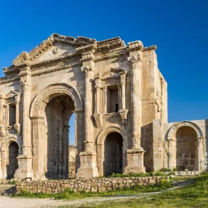 Hadrian`s Arch at the Roman city in Jerash, Jordan