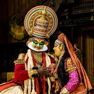 A Kathakali performance at Fort Kochi in Kerala, India A Kathakali performance at Fort Kochi in Kerala, India