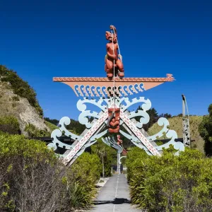 A Maori wooden carving at Kaikoura in Canterbury, New Zealand