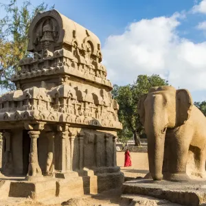 Ornately-carved temples at Mamallapuram in Tamil Nadu, India