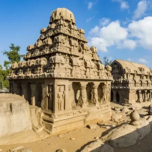 Ornately-carved temples at Mamallapuram in Tamil Nadu, India