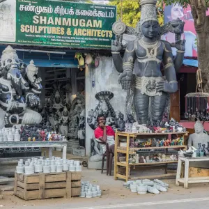 A stone carving shop at Mamallapuram in Tamil Nadu, India