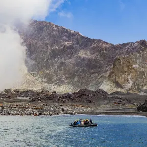 Tourists at the volcanic White Island in Bay of Plenty, New Zealand