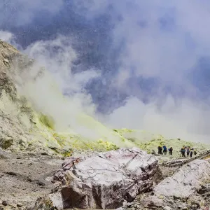 Tourists at the volcanic White Island in Bay of Plenty, New Zealand