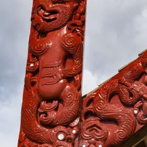 A wooden Maori carving at the Waitangi Treaty Grounds, Paihai in Northland, New Zealand