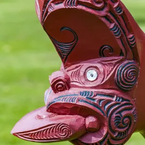 A wooden Maori carving at the Waitangi Treaty Grounds, Paihai in Northland, New Zealand