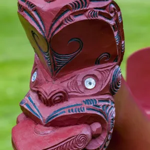 A wooden Maori carving at the Waitangi Treaty Grounds, Paihai in Northland, New Zealand