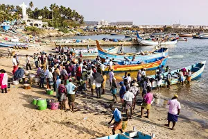 India Prints: The beach at Vizhinjam near Kovalam where the fishing boats land their catches