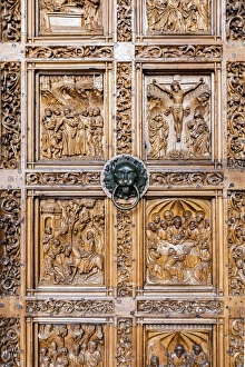 A carved door at the cathedral in Konstanz, Germany