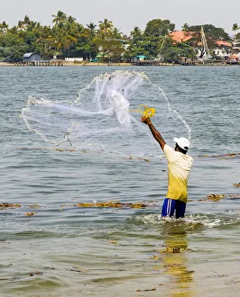 India Prints: A fisherman casting his net at Fort Kochi in Kerala, India