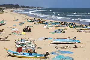 Fishing boats on the beach at Mamallapuram in Tamil Nadu, India