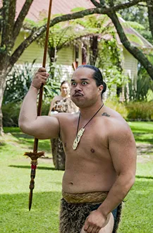 : A Maori performer at the Waitangi Treaty Grounds, Paihai in Northland, New Zealand