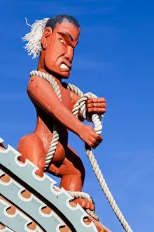 : A Maori wooden carving at Kaikoura in Canterbury, New Zealand
