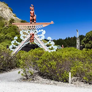 : A Maori wooden carving at Kaikoura in Canterbury, New Zealand