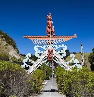 : A Maori wooden carving at Kaikoura in Canterbury, New Zealand
