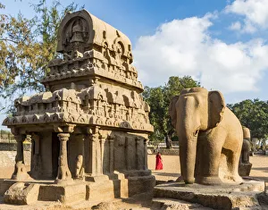 India Prints: Ornately-carved temples at Mamallapuram in Tamil Nadu, India