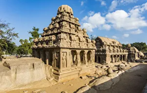 India Prints: Ornately-carved temples at Mamallapuram in Tamil Nadu, India