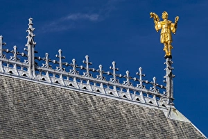 Architecture Prints: The roof and golden statue on the Ypres Cloth Hall in Belgium