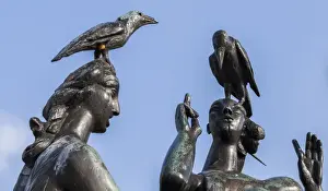 Sculptures in the t Zand Square Fountain in Bruges, Belgium