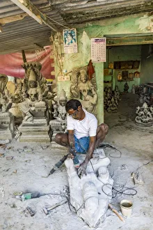 India Prints: A stone carver at Mamallapuram in Tamil Nadu, India