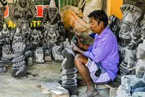 India Prints: A stone carver at Mamallapuram in Tamil Nadu, India