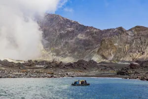 New Zealand Prints: Tourists at the volcanic White Island in Bay of Plenty, New Zealand