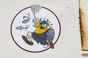 Viking fisherman logo on fishing boat, Orkney, Scotland