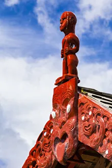 : A wooden Maori carving at the Waitangi Treaty Grounds, Paihai in Northland, New Zealand