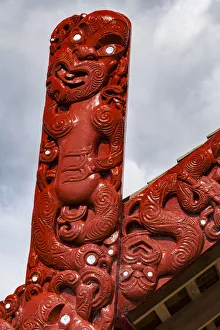 New Zealand Prints: A wooden Maori carving at the Waitangi Treaty Grounds, Paihai in Northland, New Zealand