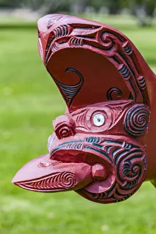New Zealand Prints: A wooden Maori carving at the Waitangi Treaty Grounds, Paihai in Northland, New Zealand