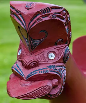New Zealand Prints: A wooden Maori carving at the Waitangi Treaty Grounds, Paihai in Northland, New Zealand